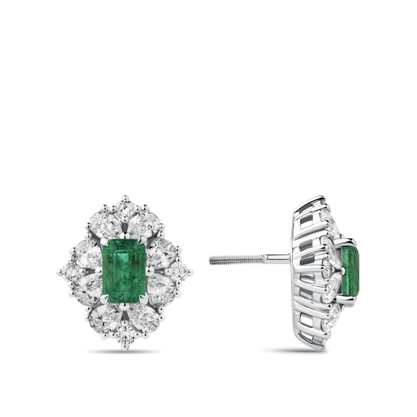 Emerald and Diamond Halo Earrings in 18ct White Gold Hardy Brothers Jewellers