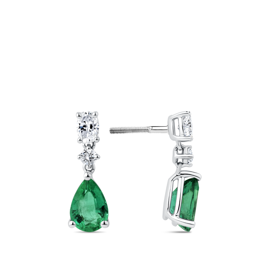 Pear Cut Emerald and Diamond Drop Earrings in 18ct White Gold