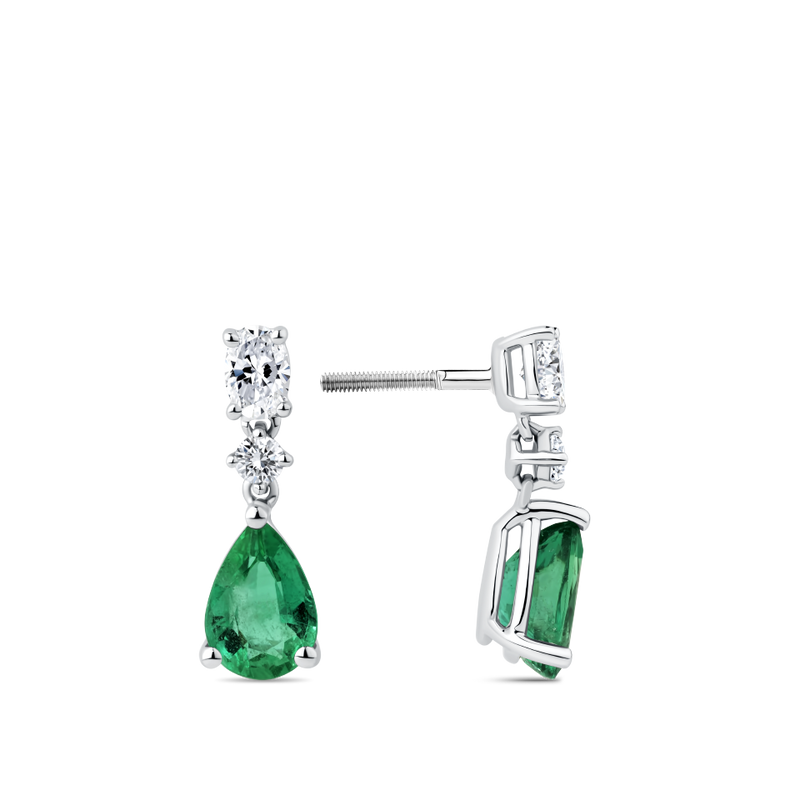 Pear Cut Emerald and Diamond Drop Earrings in 18ct White Gold Hardy Brothers Jewellers