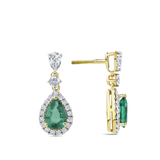 Pear Cut Emerald and Diamond Halo Drop Earrings in 18ct Yellow and White Gold Hardy Brothers Jewellers
