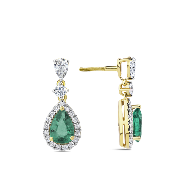 Pear Cut Emerald and Diamond Halo Drop Earrings in 18ct Yellow and White Gold Hardy Brothers Jewellers