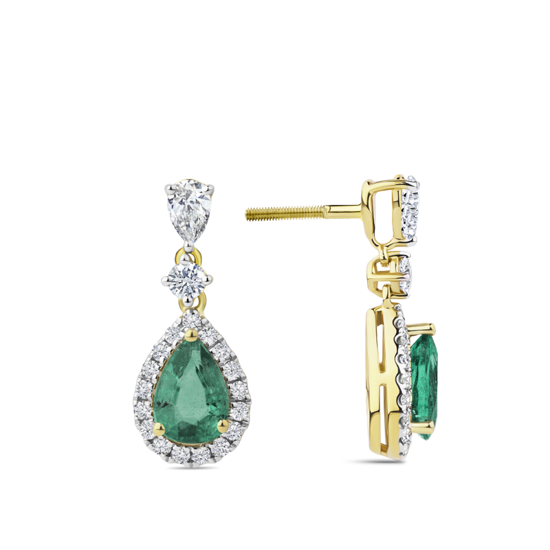 Pear Cut Emerald and Diamond Halo Drop Earrings in 18ct Yellow and White Gold Hardy Brothers Jewellers