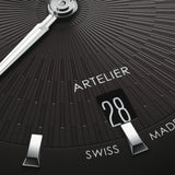 Oris Artelier Date Automatic 38mm Watch 01 733 7810 4054-07 8 20 20 — A close-up shows the clean baton hour markers and date window against the black dial's uncluttered surface.