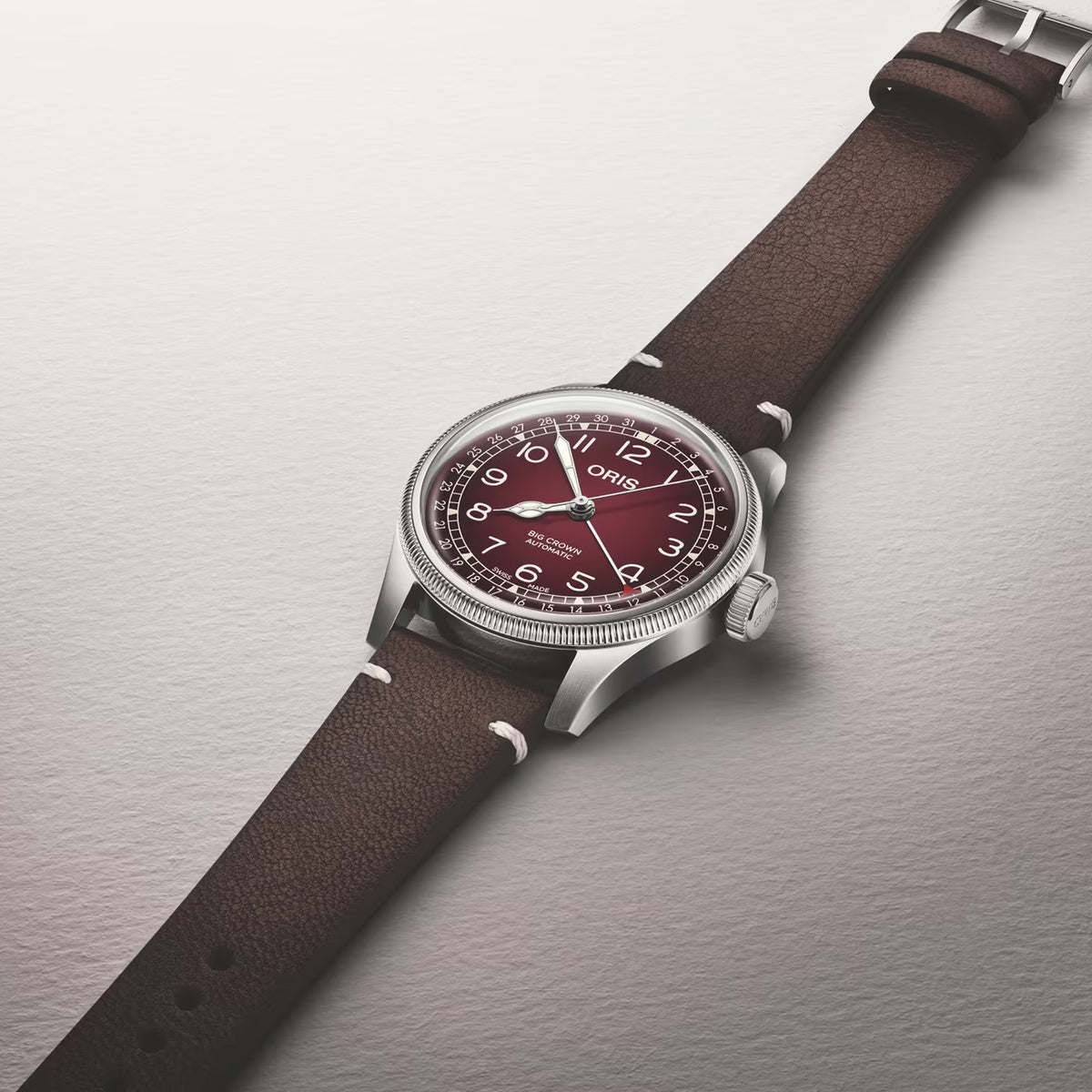 Oris x Cervo Volante Big Crown Pointer Date Men’s Automatic 40mm Watch 754 7785 4038SET, three-quarter view of the coin-edge bezel and oversized screw-down crown.