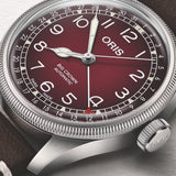 Oris x Cervo Volante Big Crown Pointer Date Men’s Automatic 40mm Watch 754 7785 4038SET, close up of the burgundy dial, Arabic numerals and pointer date hand.