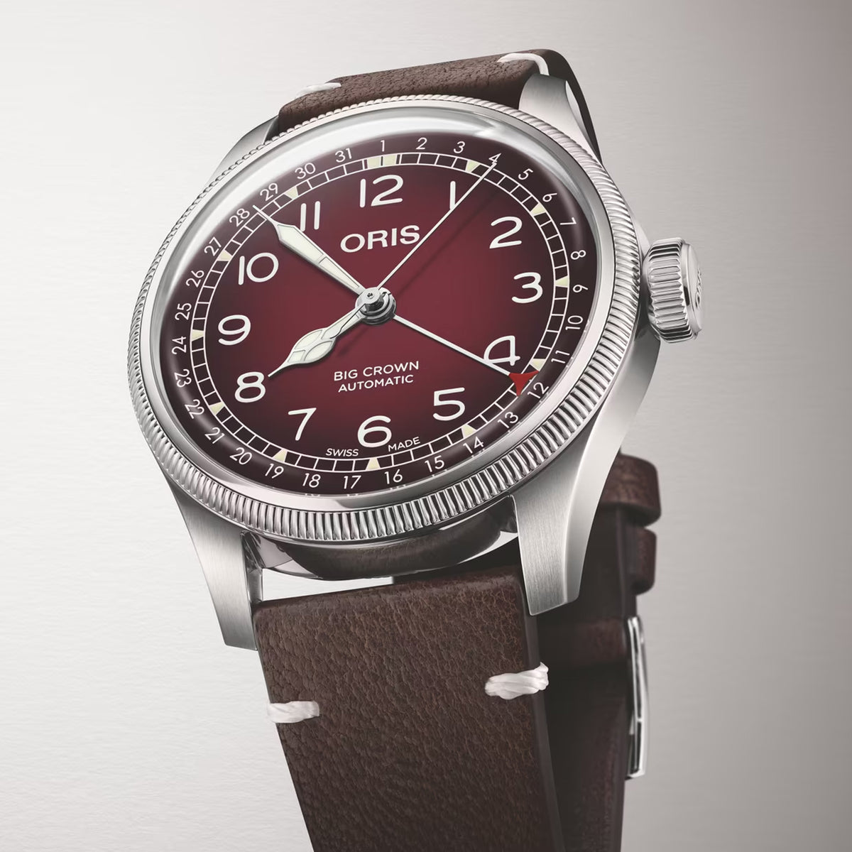 Oris x Cervo Volante Big Crown Pointer Date Men’s Automatic 40mm Watch 754 7785 4038SET, three-quarter view of the coin-edge bezel and oversized screw-down crown.