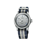 An Oris watch with a silver stainless steel case, a silver dial with black markings, and a navy blue and white striped fabric strap, shown against a plain white background.