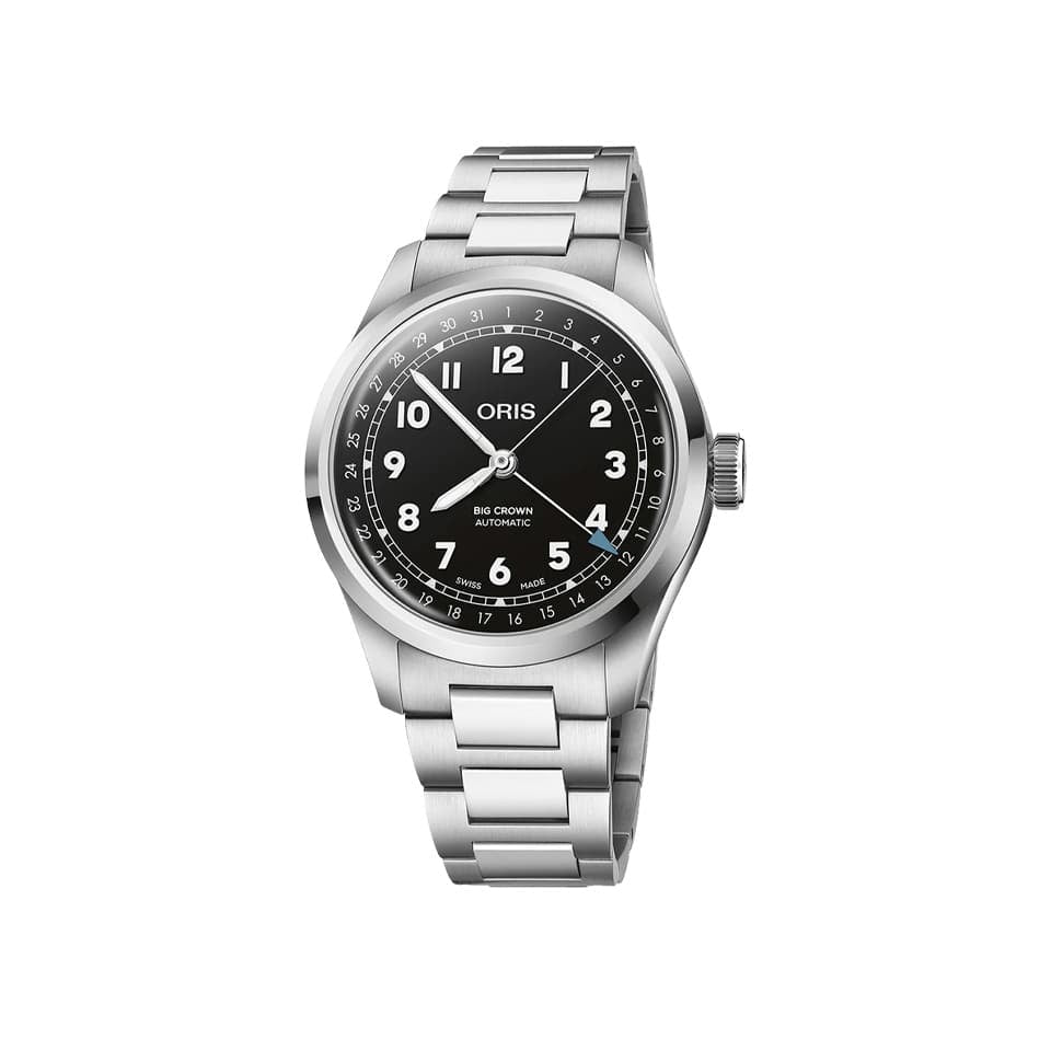 Oris Big Crown Pointer Date Automatic 40mm Watch 01 754 7798 4064-07 8 20 06 — The black dial features a central blue pointer date hand tracking the outer date scale, alongside classic hour and minute hands.