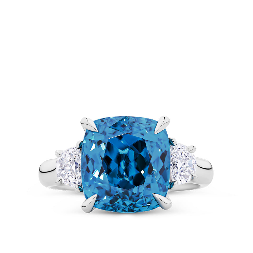 11.05 Carat Cushion Cut Blue Cambodian Zircon and 1.04 Carat Half Moon Diamond Trilogy Ring in 18ct White Gold