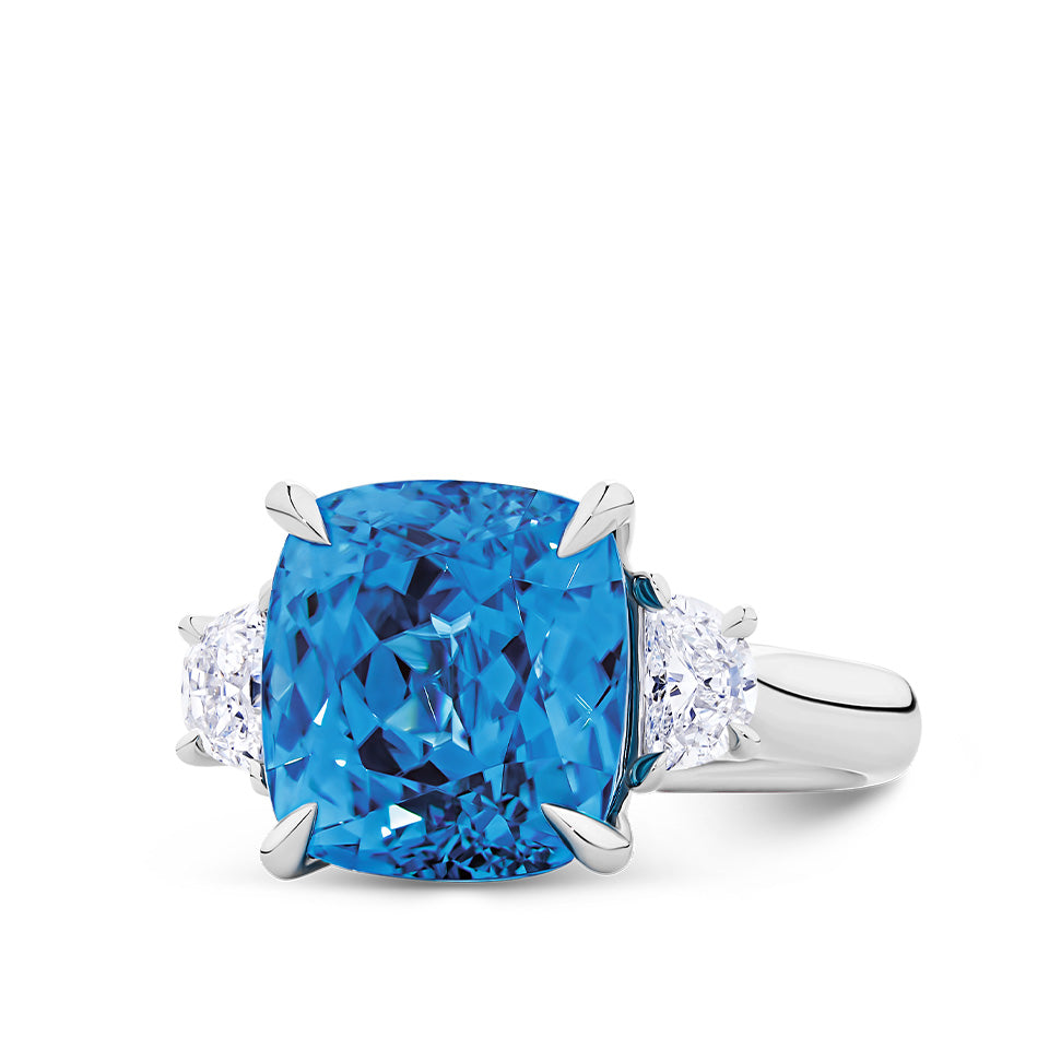 11.05 Carat Cushion Cut Blue Cambodian Zircon and 1.04 Carat Half Moon Diamond Trilogy Ring in 18ct White Gold