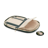 WOLF Zoe Forest Green Jewellery Portfolio, item 393412, shown with its removable round mirror. The mirror can be taken out for last-minute adjustments on the go.