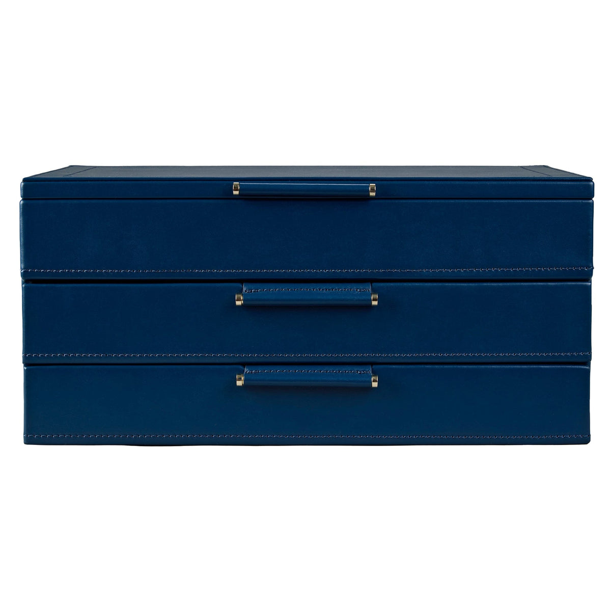 WOLF Sophia Indigo Fruit Botanical Large Jewellery Box with Drawers, shown closed with all three drawers stacked. The indigo exterior features a minimalist finish with brushed drawer pulls.