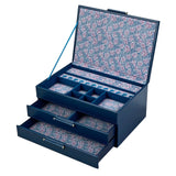 WOLF Sophia Indigo Fruit Botanical Large Jewellery Box with Drawers, shown open with the top compartment and bottom drawer extended. The indigo exterior reveals the hand-printed Fruit Botanical lining across ring rolls, charm compartments and drawer storage.