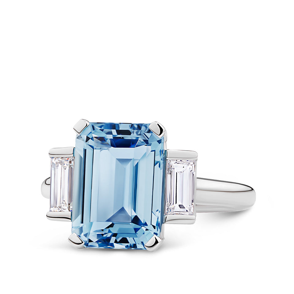 4.66 Carat Emerald Cut Santa Maria Aquamarine and 0.62 Carat Baguette Cut Diamond Trilogy Ring in 18ct White Gold
