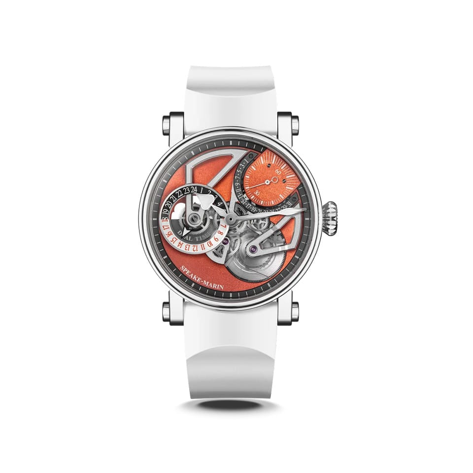 Speake Marin Openworked Dual Time Automatic GMT 42mm Watch 414209020 shown front on, with its terracotta-orange openworked dial revealing rhodium-plated skeletonised bridges. The Grade 5 polished-brushed titanium Piccadilly case frames the dial's layered, multi-level design.