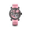 Speake Marin Openworked Dual Time Pink Automatic GMT 42mm Watch 414209430 shown front on, with its vivid pink openworked dial set against a black matte finish. The black DLC-coated Grade 5 titanium Piccadilly case is paired with a pink rubber strap.