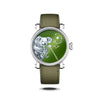 Speake Marin Art Series Koala Automatic 42mm Watch 414217420 shown front on, with its hand micro-painted Koala dial in a graduated green lacquer. The Grade 5 titanium Piccadilly case is paired with a green recycled nylon strap.