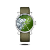Speake Marin Art Series Koala Automatic 42mm Watch 414217420 shown front on, with its hand micro-painted Koala dial in a graduated green lacquer. The Grade 5 titanium Piccadilly case is paired with a green recycled nylon strap.