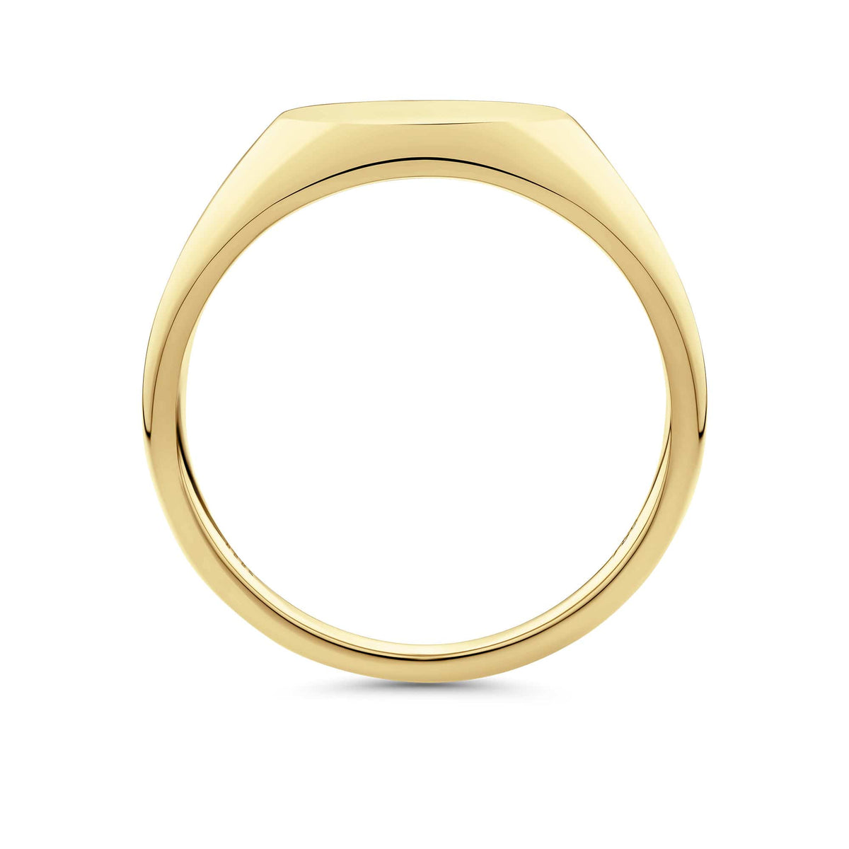 Side profile of the Oval Signet Ring in 18ct yellow gold by Hardy Brothers, showing the rounded, oval silhouette of the face.
