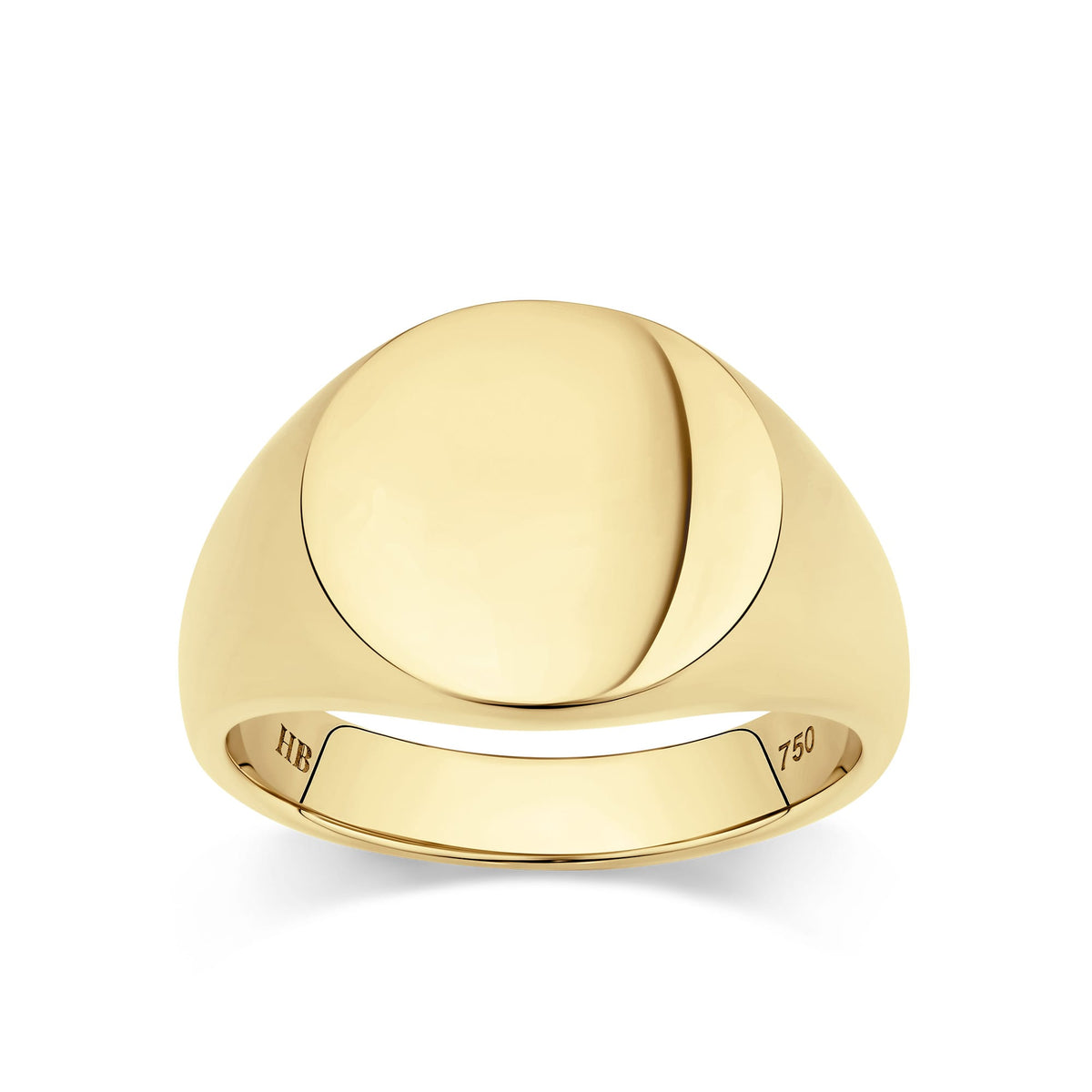 Round Signet Ring in 18ct yellow gold from Hardy Brothers Jewellers, shown front-on with its bold, round face.