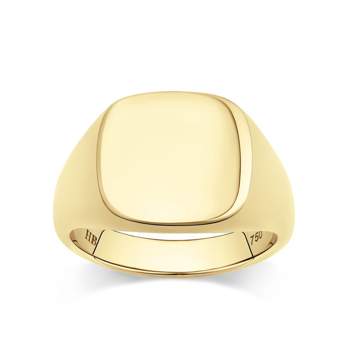 Square Signet Ring in 18ct yellow gold from Hardy Brothers Jewellers, shown front-on with its bold, squared face.