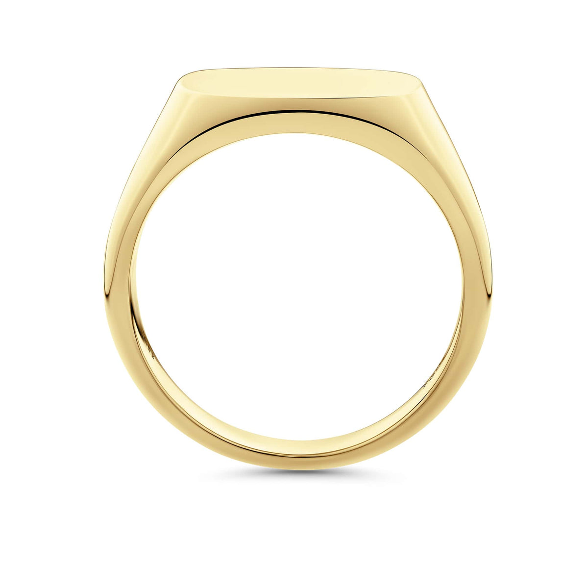 Side profile of the Square Signet Ring in 18ct yellow gold by Hardy Brothers, showing the flat top and structured silhouette of the face.