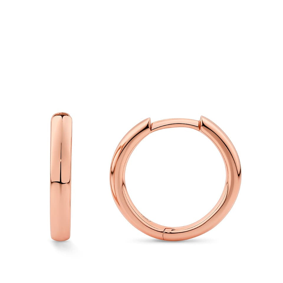 Quintessential 18ct Rose Gold Hoop Earrings - classic everyday, 15.2mm in diameter pictured side on to see the size. 