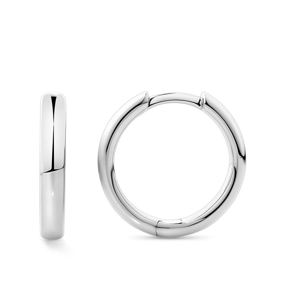 Quintessential Hoop Earrings in 18ct white gold from Hardy Brothers Jewellers, shown side-on to highlight the rounded hoop profile.