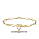 Paperclip Bracelet in 18ct yellow gold from Hardy Brothers Jewellers, styled with a T-bar pendant (sold separately) hanging below the bracelet.