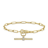Paperclip Bracelet in 18ct yellow gold from Hardy Brothers Jewellers, shown from an alternate angle with a T-bar pendant (sold separately) hanging below the bracelet.