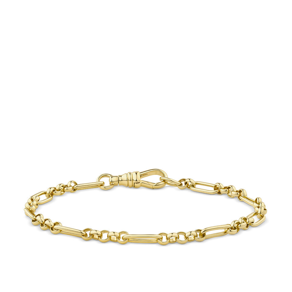 Trombone Link Bracelet with Swivel in 18ct yellow gold from Hardy Brothers Jewellers, shown fastened in a loop to display the swivel clasp and the shape of the bracelet.