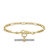Trombone Link Bracelet with Swivel in 18ct yellow gold from Hardy Brothers Jewellers, styled with a T-bar pendant (sold separately) hanging below the bracelet.