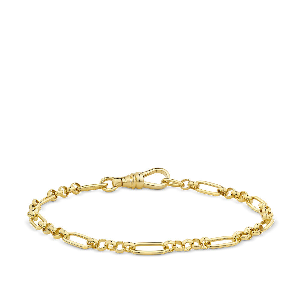 Trombone Link Bracelet with Swivel in 18ct yellow gold from Hardy Brothers Jewellers, shown fastened in a loop to display the swivel clasp and the shape of the bracelet.