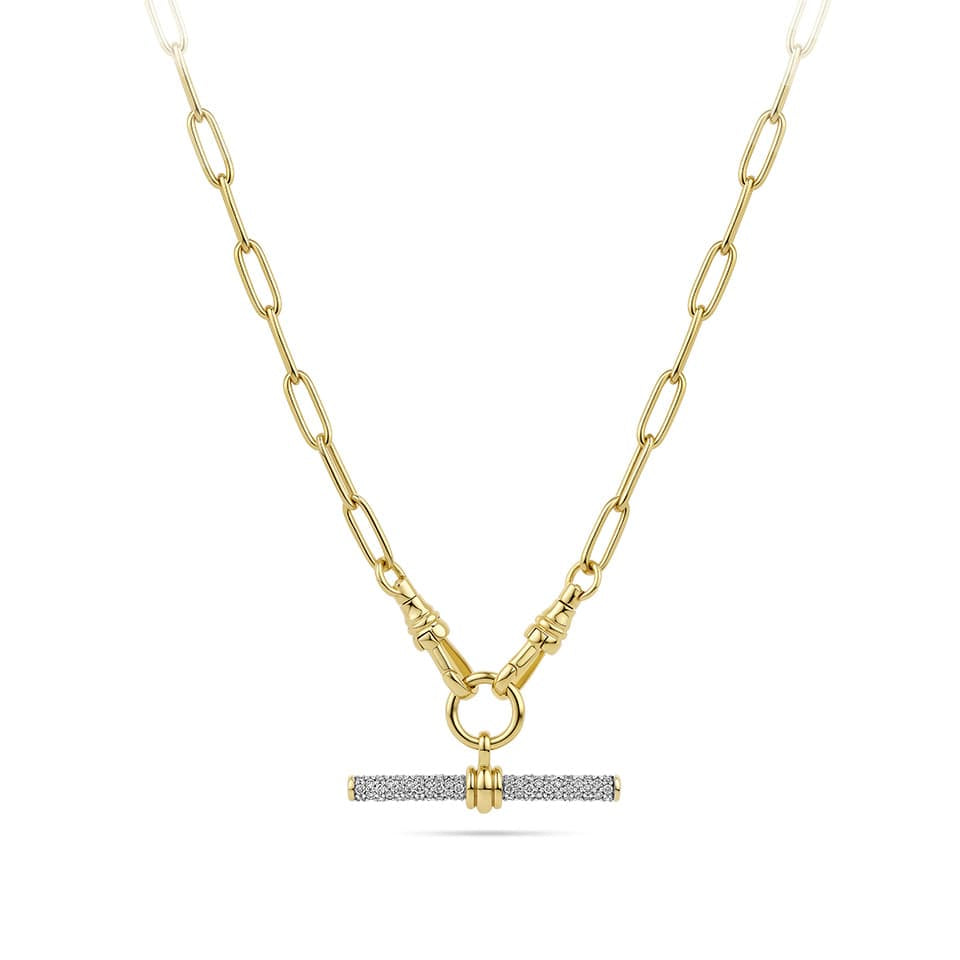 Front-on view of the Hardy Brothers 0.89 Carat TW Diamond T-Bar Pendant in 18ct Yellow Gold, reference 9NTBARB, shown hanging at the end of a long yellow gold link chain worn as a drop necklace (chain sold separately). The 32mm pendant features 116 pavé-set round brilliant natural diamonds across a classic T-bar design.