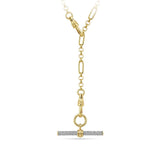 Front-on view of the Hardy Brothers 0.89 Carat TW Diamond T-Bar Pendant in 18ct Yellow Gold, reference 9NTBARB, shown hanging at the centre of a yellow gold elongated link chain necklace (chain sold separately). The 32mm pendant features 116 pavé-set round brilliant natural diamonds across a classic T-bar design.