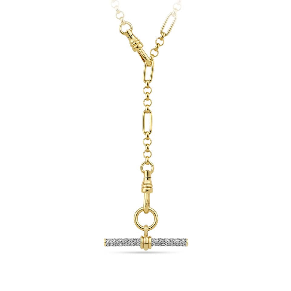 Front-on view of the Hardy Brothers 0.89 Carat TW Diamond T-Bar Pendant in 18ct Yellow Gold, reference 9NTBARB, shown hanging at the centre of a yellow gold elongated link chain necklace (chain sold separately). The 32mm pendant features 116 pavé-set round brilliant natural diamonds across a classic T-bar design.