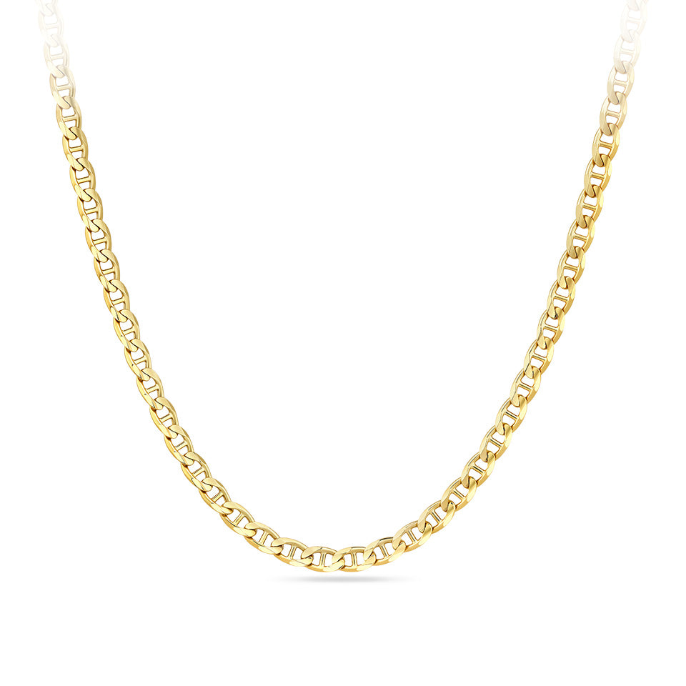 Anchor Chain in 18ct yellow gold from Hardy Brothers Jewellers, shown in full length with its solid, polished anchor links.