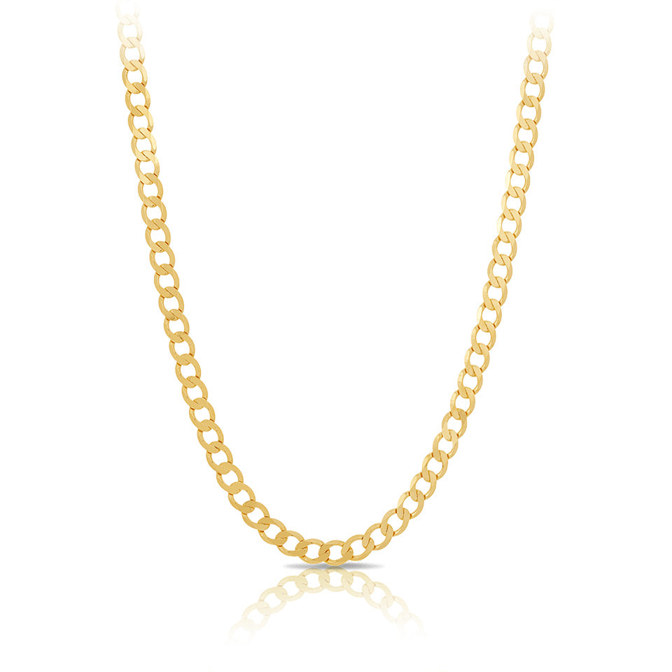 Flat Curb Chain in 18ct yellow gold from Hardy Brothers, shown in full length with its polished solid links.