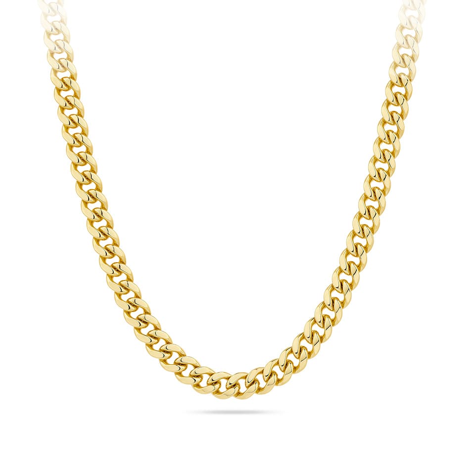 Miami Link Chain in 18ct yellow gold from Hardy Brothers Jewellers 4FLACM04 , shown front-on in full length with its bold, interlocked links.