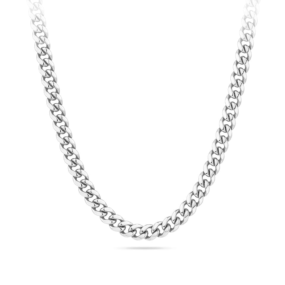 Miami Link Chain in 18ct white gold from Hardy Brothers Jewellers, shown front-on in full length with its bold, interlocked links.