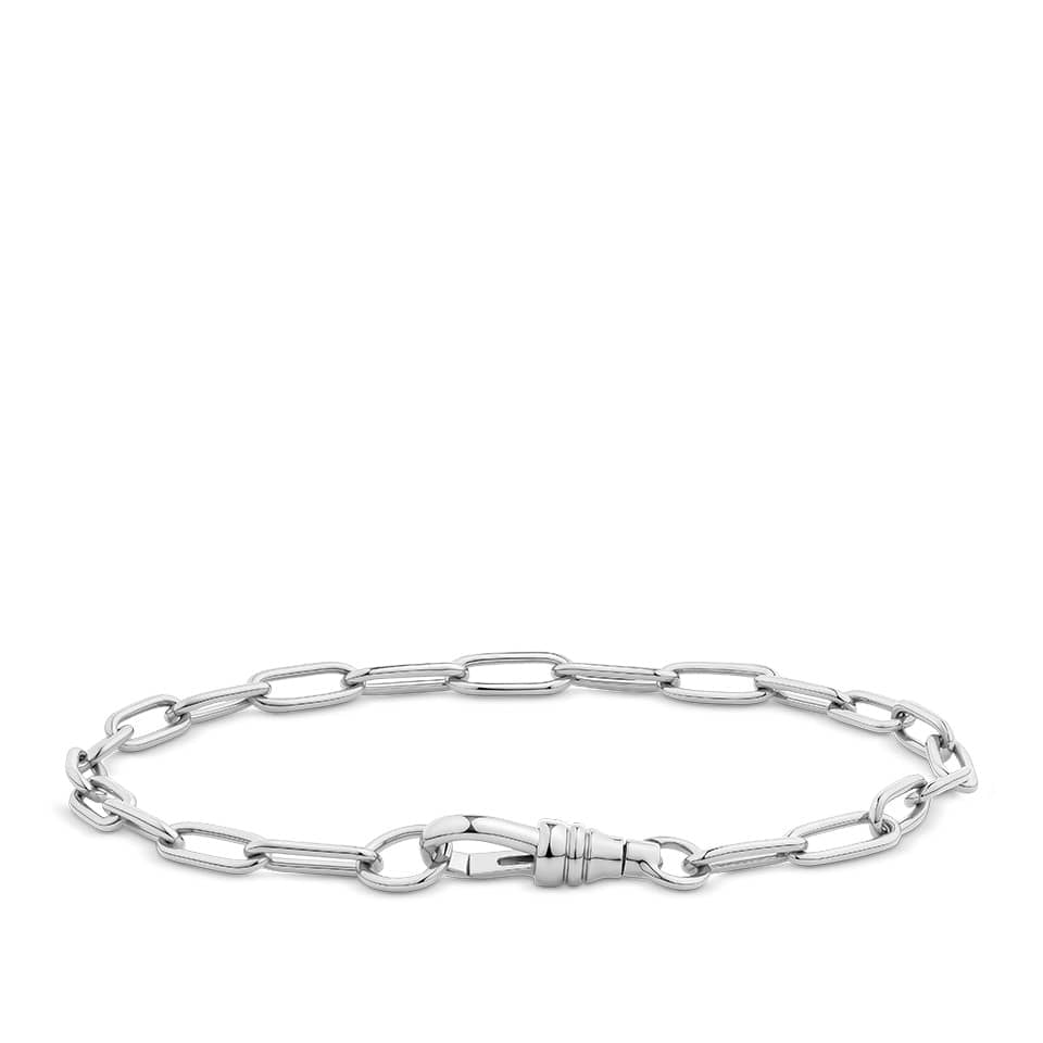 Paperclip Bracelet in sterling silver from Hardy Brothers Jewellers, shown fastened in a loop to display the swivel clasp and the shape of the bracelet.