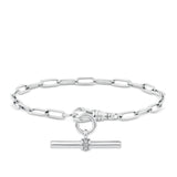 Paperclip Bracelet in sterling silver from Hardy Brothers Jewellers, styled with a T-bar pendant (sold separately) hanging below the bracelet in a matching silver tone.