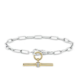 Paperclip Bracelet in sterling silver from Hardy Brothers Jewellers, styled with a 9ct yellow gold T-bar pendant (sold separately) hanging below the bracelet for a two-tone look.
