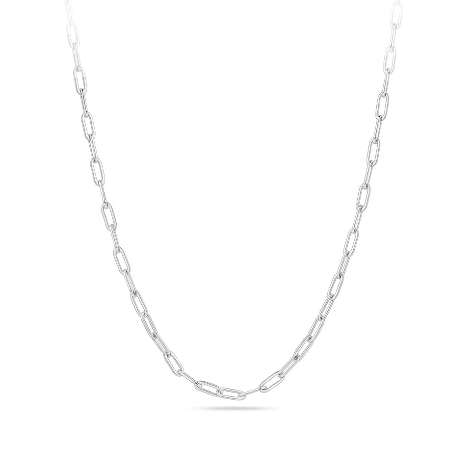 Paperclip Chain in sterling silver from Hardy Brothers Jewellers, shown in full length with its elongated, rectangular links.