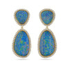 Australian Opal and Diamond Drop Stud Earrings in 18ct yellow gold from Hardy Brothers Jewellers, shown front-on as a pair with their black/blue opals and diamond halos.