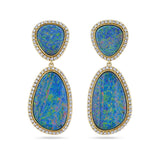 Australian Opal and Diamond Drop Stud Earrings in 18ct yellow gold from Hardy Brothers Jewellers, shown front-on as a pair with their black/blue opals and diamond halos.