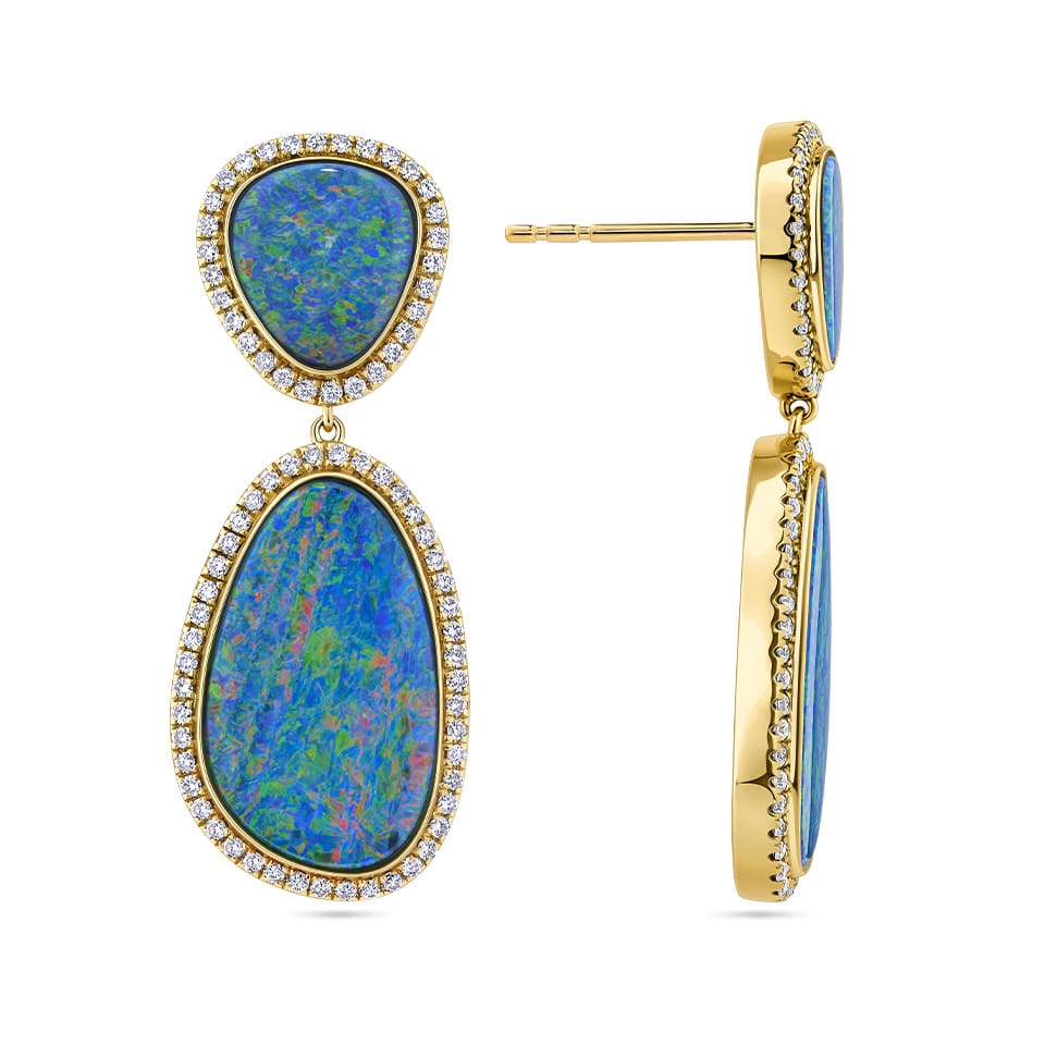Close-up detail of the Australian Opal and Diamond Drop Stud Earrings in 18ct yellow gold by Hardy Brothers, highlighting the double opal and diamond halo setting.