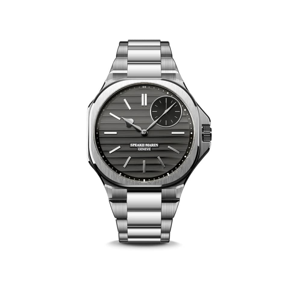 Speake Marin Ripples Black Original Automatic 40.30mm Watch 604015040 shown front on, with its black dial finished in the Maison's signature ripple texture. The stainless steel case features a rounded square bezel and an integrated stainless steel bracelet.