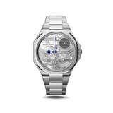 Speake Marin Ripples Skeleton Automatic 40.30mm Watch 604020150 shown front on, with its openworked skeleton dial revealing the in-house SMA07 movement. The 904L stainless steel case features a rounded square bezel and an integrated three-row steel bracelet.
