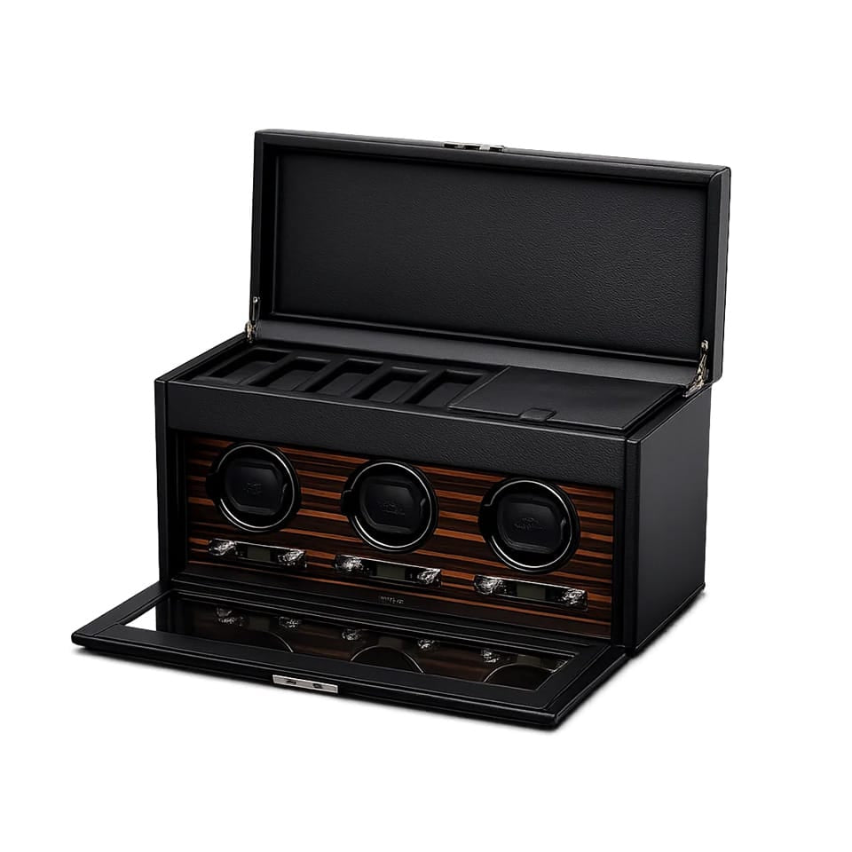 WOLF Roadster Triple Winder With Storage, item 457356, shown with the top opened. Storage for five additional watches sits above the winding modules.